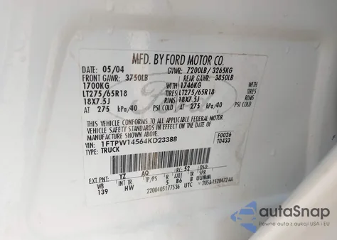 2004 Ford F-150 Fx4/Lariat/Xlt from USA, damaged, VIN 1FTPW14564KD23388